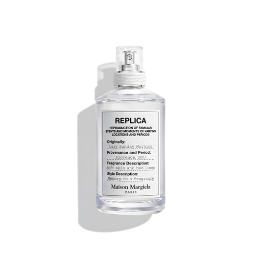 Bottle of Margiela Lazy Sunday Morning EDT fragrance on a white background with soft shadow