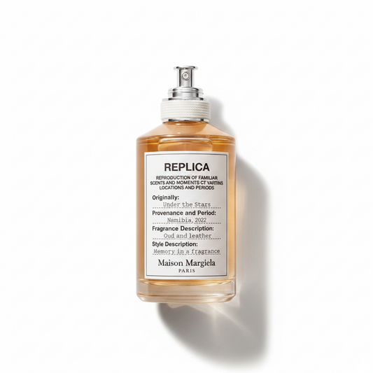 Bottle of Margiela Under The Stars EDT fragrance on a white background with soft shadow