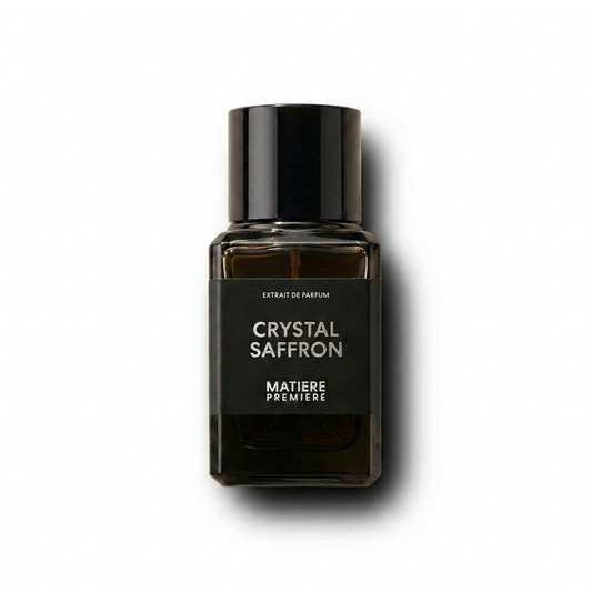 Bottle of Matiere Premiere Crystal Saffron Extrait fragrance on a white background with soft shadow