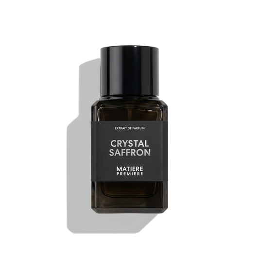 Bottle of Matiere Premiere Crystal Saffron Extrait fragrance on a white background with soft shadow