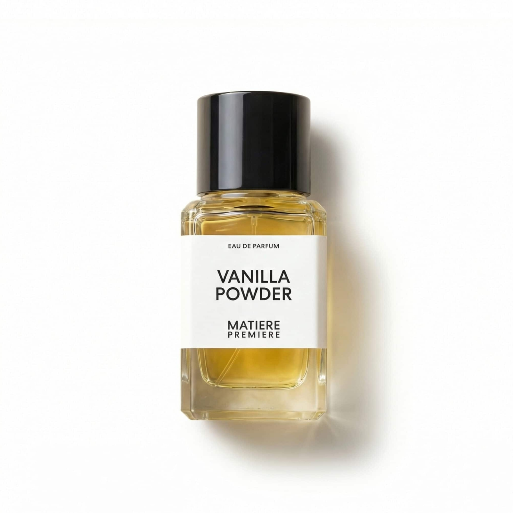 Bottle of Matiere Premiere Vanilla Powder EDP fragrance on a white background with soft shadow