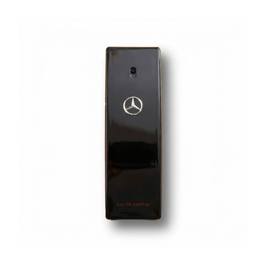 Bottle of Mercedes Benz Club Black Eau de Parfum EDP fragrance on a white background with soft shadow