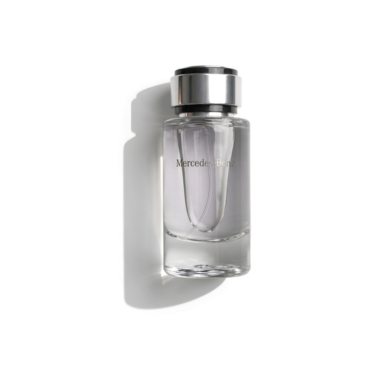 Bottle of Mercedes Benz Eau de Toilette fragrance on a white background with soft shadow