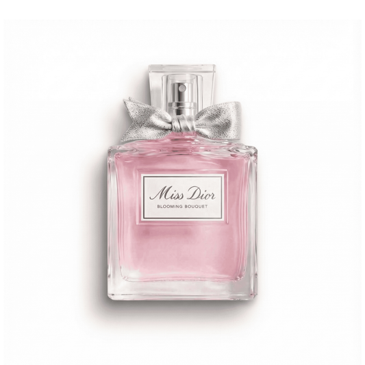 Bottle of Miss Dior Blooming Bouquet EDT fragrance on a white background with soft shadow