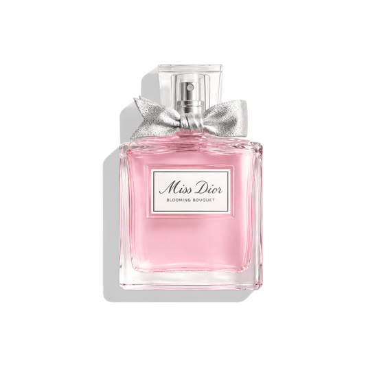 Bottle of Miss Dior Blooming Bouquet EDT fragrance on a white background with soft shadow