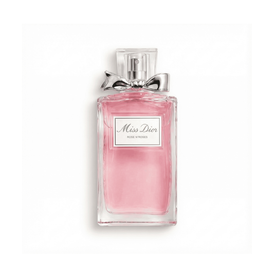 Bottle of Miss Dior Rose N'Roses EDT fragrance on a white background with soft shadow