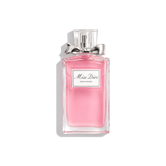 Bottle of Miss Dior Rose N'Roses EDT fragrance on a white background with soft shadow