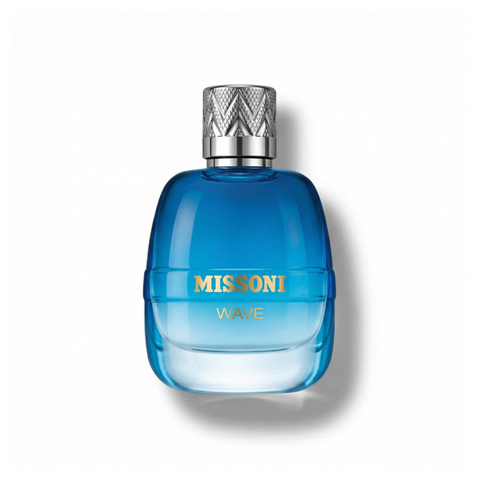 Bottle of Missoni Wave EDT fragrance on a white background with soft shadow