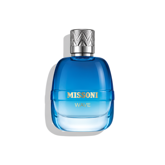 Bottle of Missoni Wave EDT fragrance on a white background with soft shadow
