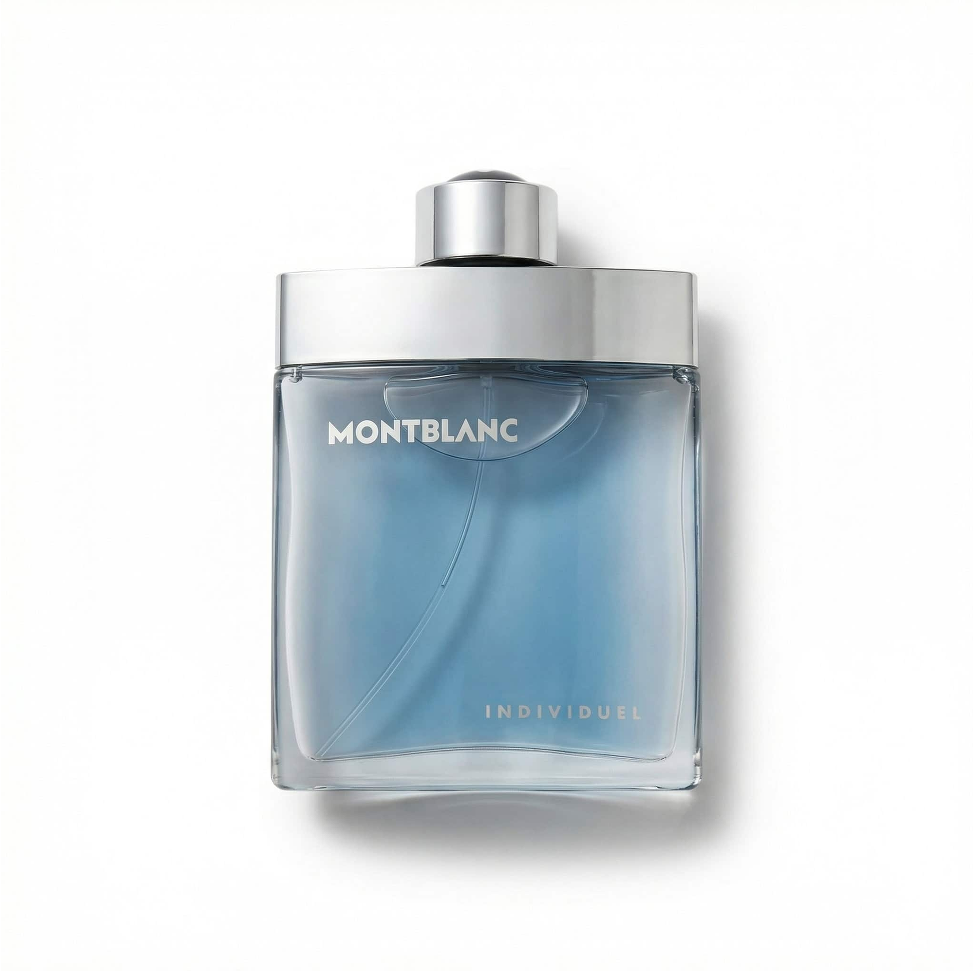 Bottle of MontBlanc Individuel EDT fragrance on a white background with soft shadow