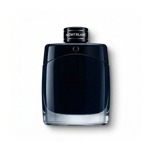 Bottle of MontBlanc Legend EDP fragrance on a white background with soft shadow