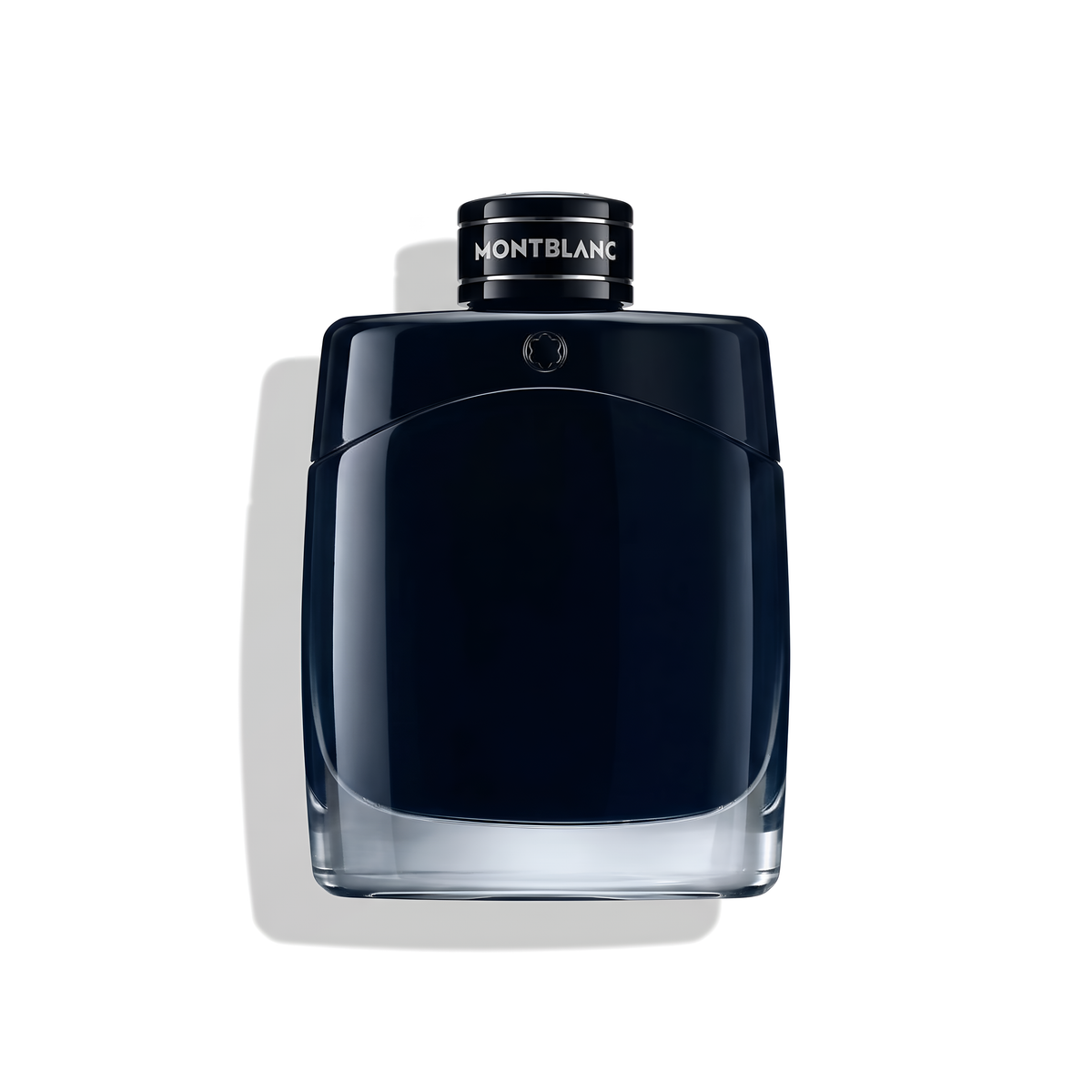 Bottle of MontBlanc Legend EDP fragrance on a white background with soft shadow