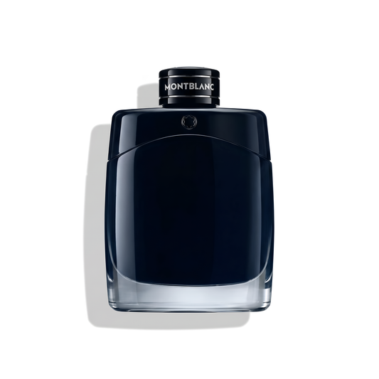 Bottle of MontBlanc Legend EDP fragrance on a white background with soft shadow