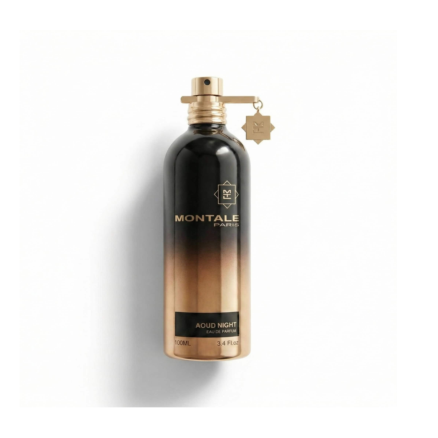 Bottle of Montale Aoud Night EDP fragrance on a white background with soft shadow