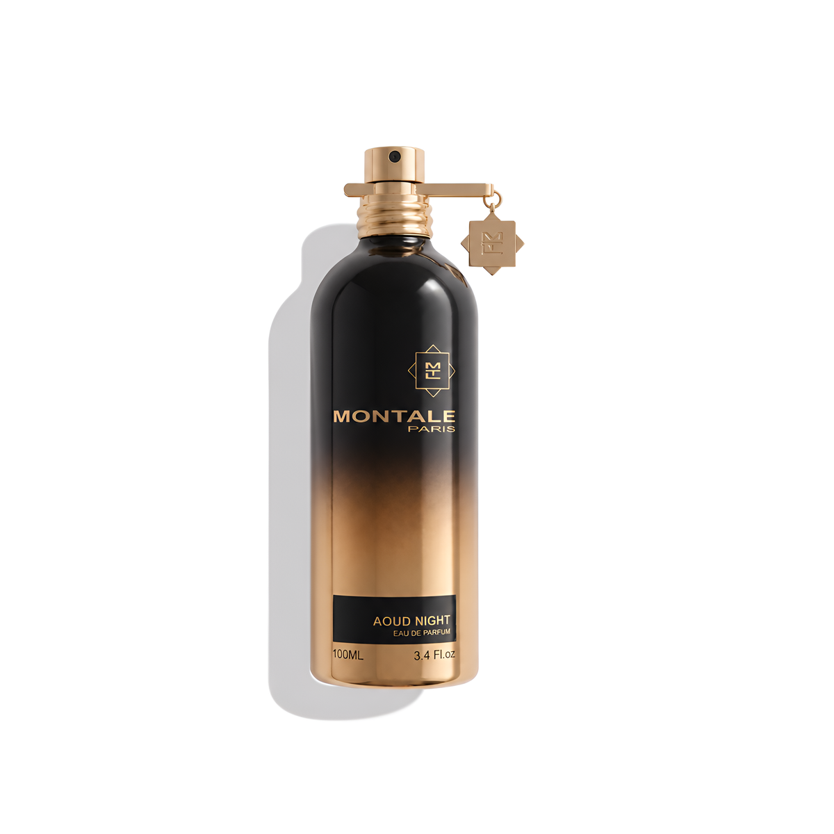 Bottle of Montale Aoud Night EDP fragrance on a white background with soft shadow