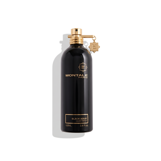 Bottle of Montale Black Aoud EDP fragrance on a white background with soft shadow