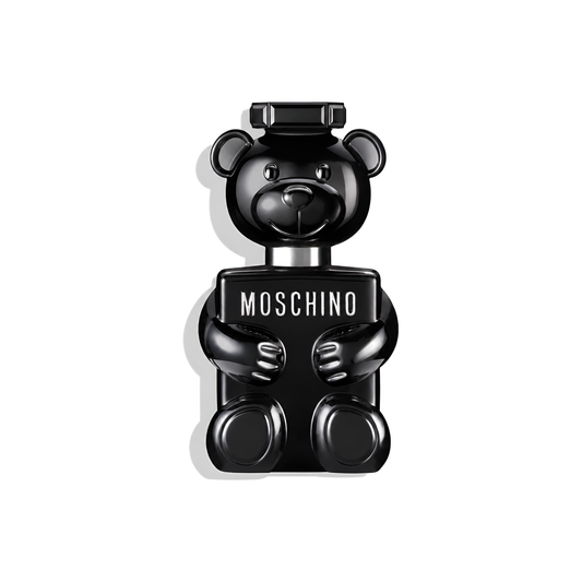 Bottle of Moschino Toy Boy EDP fragrance on a white background with soft shadow