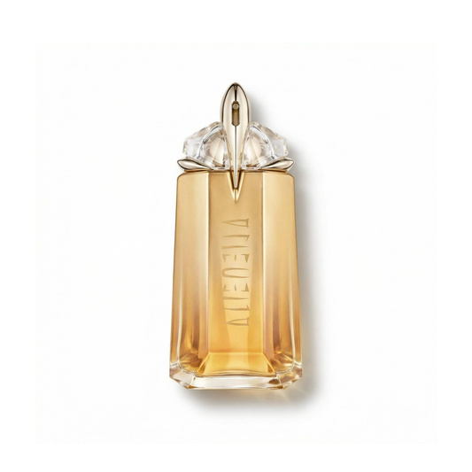 Bottle of Mugler Alien Goddess Intense EDP fragrance on a white background with soft shadow