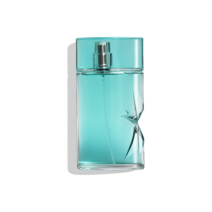 Bottle of Mugler Ice*Men fragrance on a white background with soft shadow