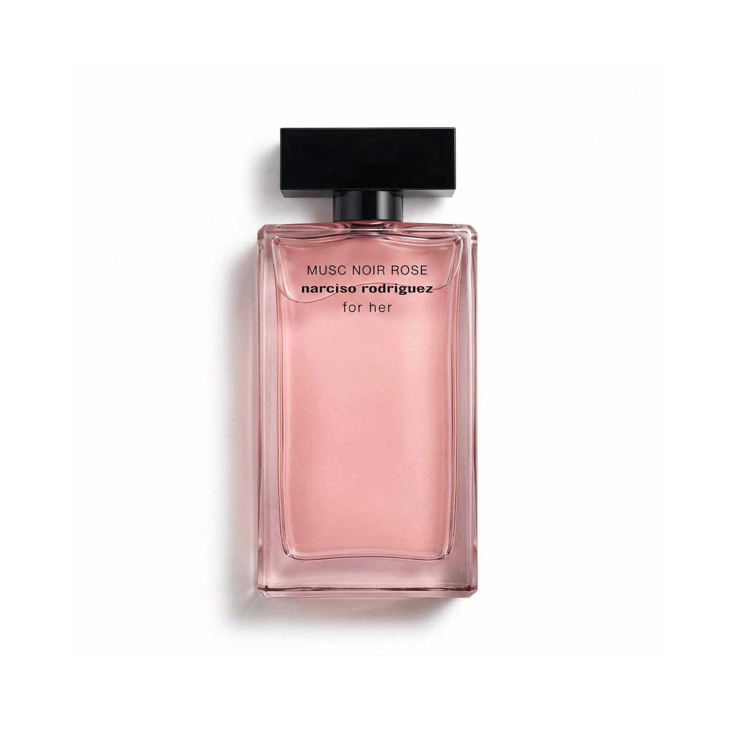 Bottle of Narciso Musc Noir Rose EDP fragrance on a white background with soft shadow