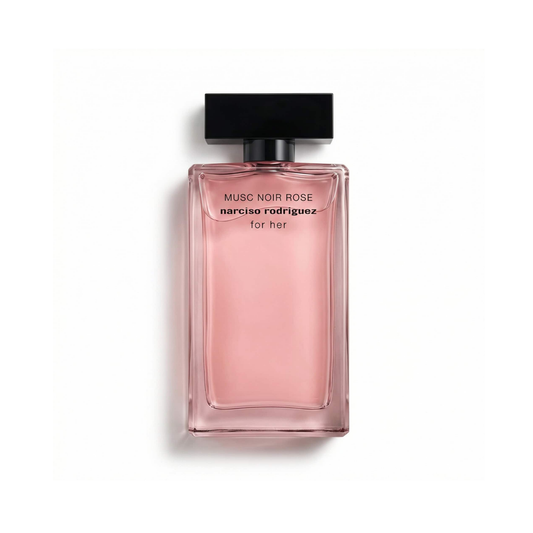 Bottle of Narciso Musc Noir Rose EDP fragrance on a white background with soft shadow