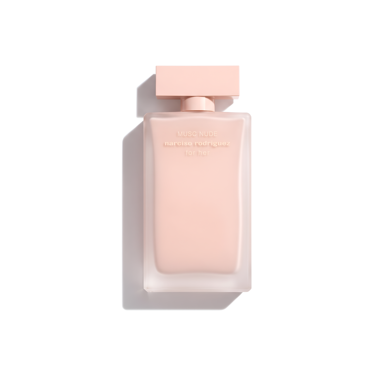 Bottle of Narciso Musc Nude EDP fragrance on a white background with soft shadow