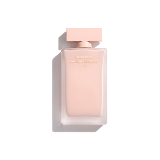 Bottle of Narciso Musc Nude EDP fragrance on a white background with soft shadow