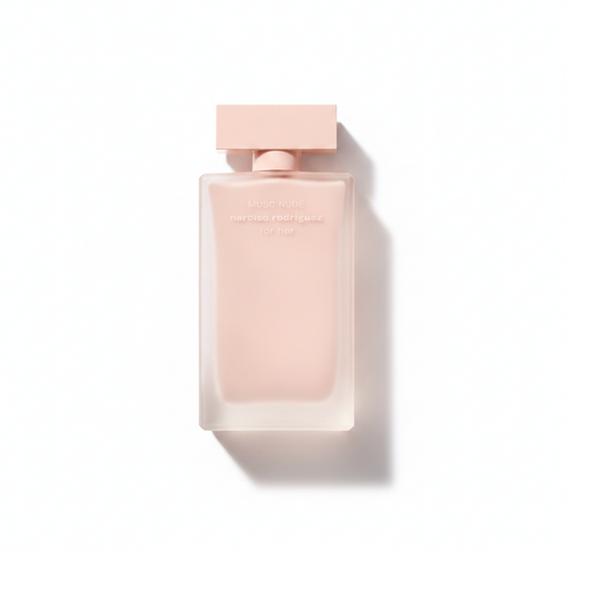 Bottle of Narciso Musc Nude fragrance on a white background with soft shadow