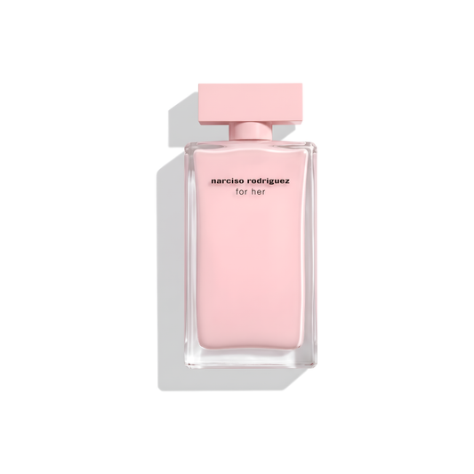 Bottle of Narciso Rodriguez For Her EDP fragrance on a white background with soft shadow