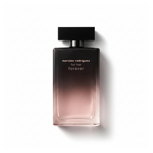 Bottle of Narciso Rodriguez For Her Forever EDP fragrance on a white background with soft shadow