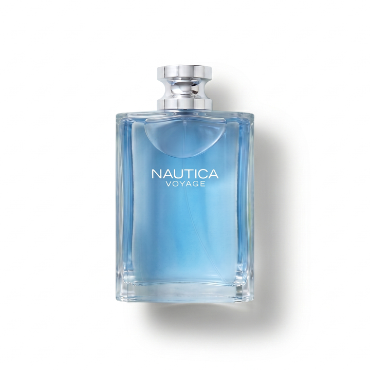 Bottle of Nautica Voyage EDT fragrance on a white background with soft shadow