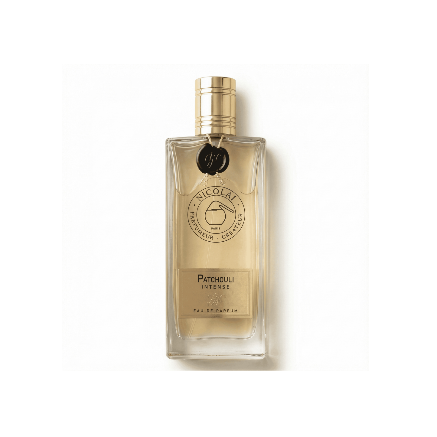 Bottle of Nicolaï Patchouli Intense EDP fragrance on a white background with soft shadow