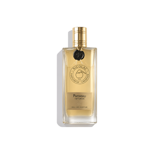 Bottle of Nicolaï Patchouli Intense EDP fragrance on a white background with soft shadow