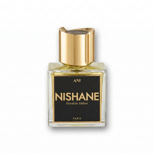 Bottle of Nishane Ani Extrait fragrance on a white background with soft shadow