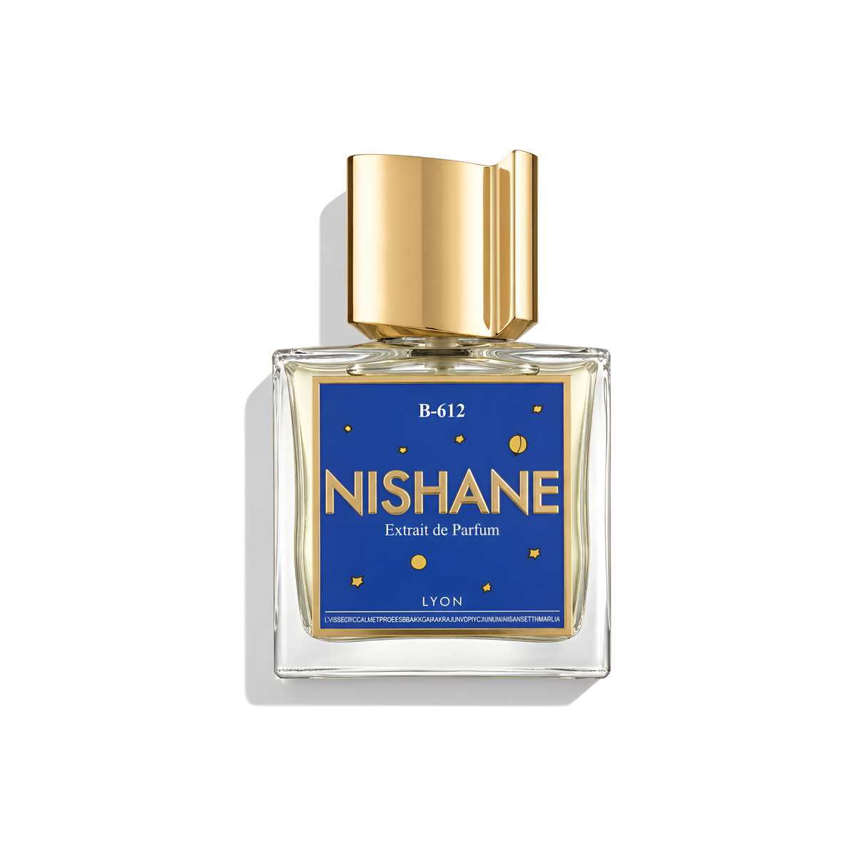 Bottle of Nishane B-612 Extrait fragrance on a white background with soft shadow