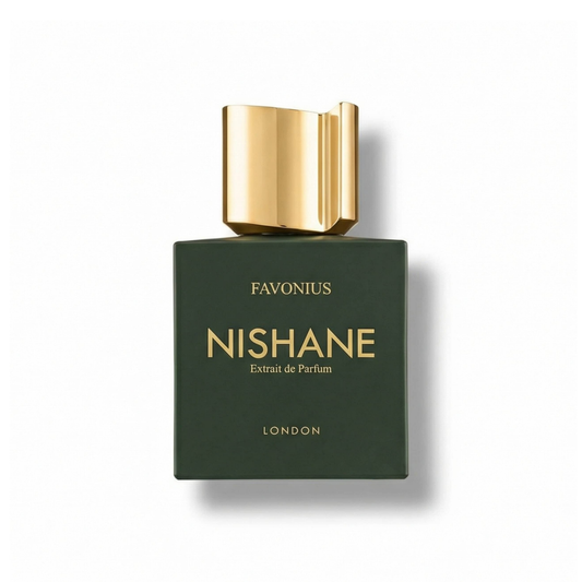Bottle of Nishane Favonius Extrait fragrance on a white background with soft shadow