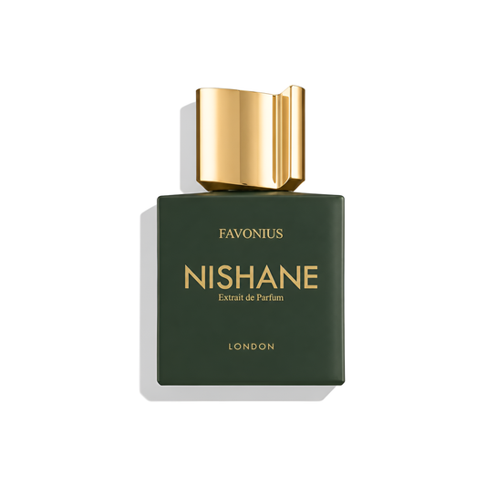Bottle of Nishane Favonius Extrait fragrance on a white background with soft shadow