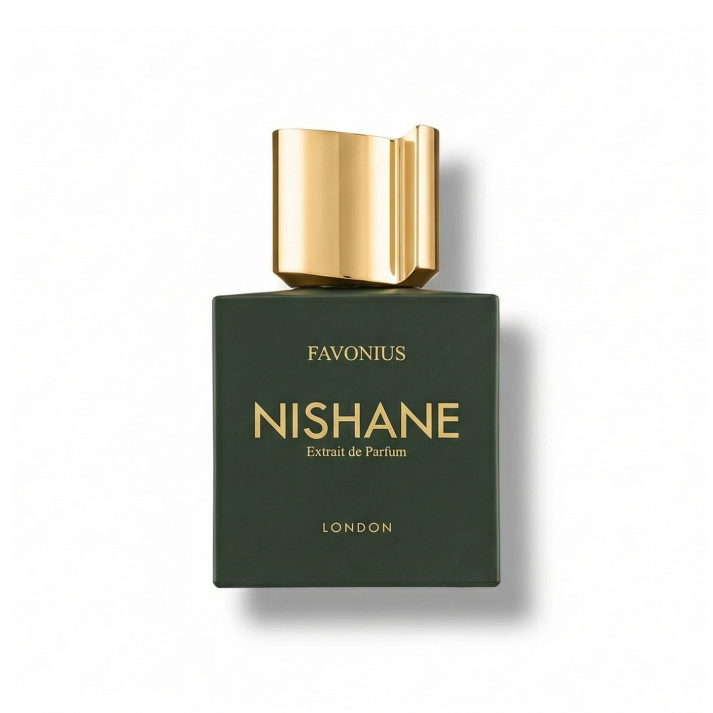 Bottle of Nishane Favonius Parfum fragrance on a white background with soft shadow