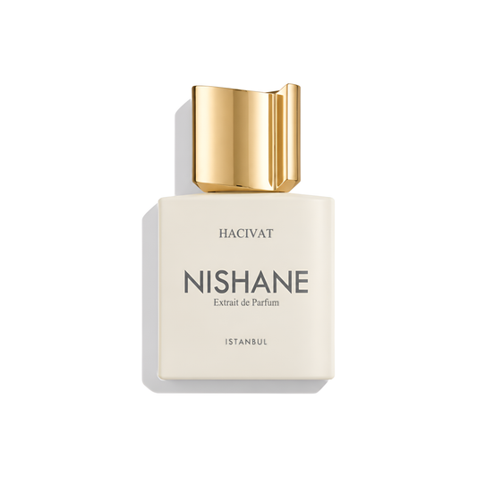 Bottle of Nishane Hacivat Extrait fragrance on a white background with soft shadow