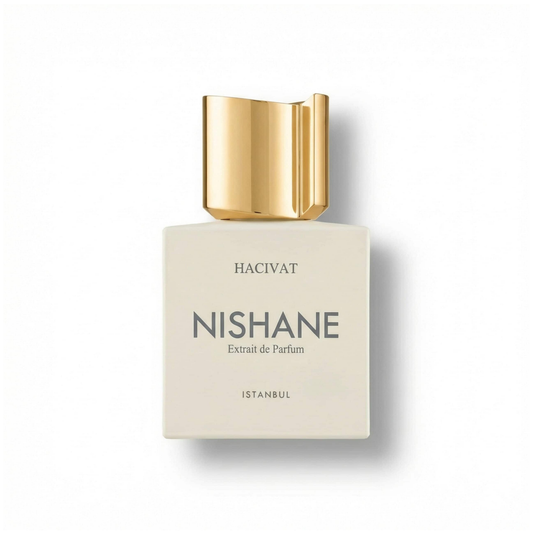 Bottle of Nishane Hacivat Parfum fragrance on a white background with soft shadow