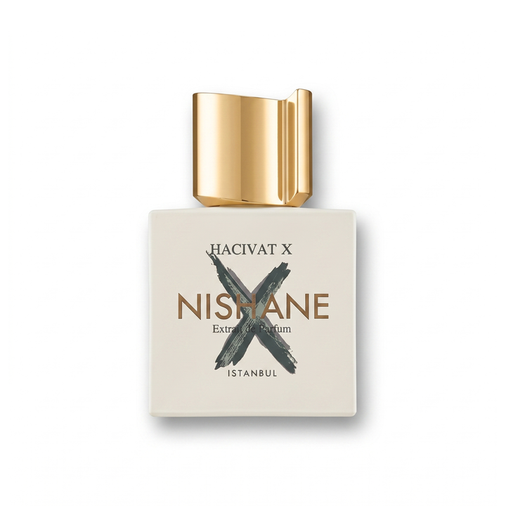 Bottle of Nishane Hacivat X Extrait fragrance on a white background with soft shadow