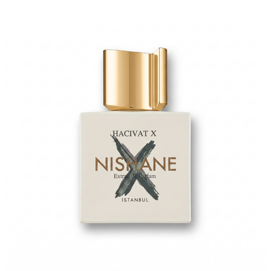 Bottle of Nishane Hacivat X Extrait fragrance on a white background with soft shadow