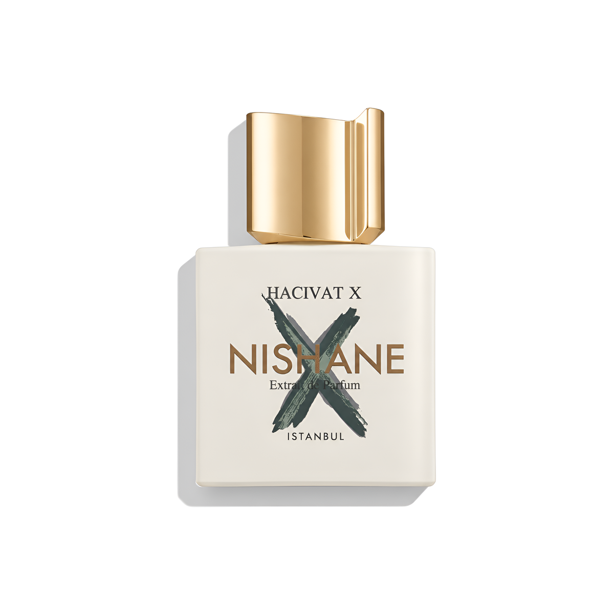 Bottle of Nishane Hacivat X Extrait fragrance on a white background with soft shadow