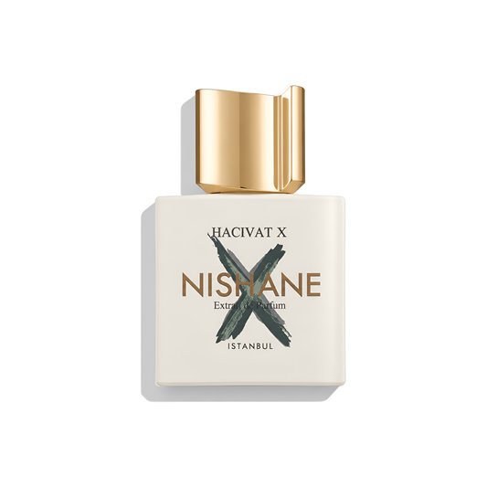 Bottle of Nishane Hacivat X Extrait fragrance on a white background with soft shadow