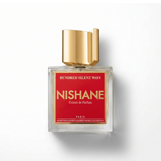 Bottle of Nishane Hundred Silent Ways Extrait fragrance on a white background with soft shadow