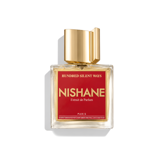 Bottle of Nishane Hundred Silent Ways Extrait fragrance on a white background with soft shadow