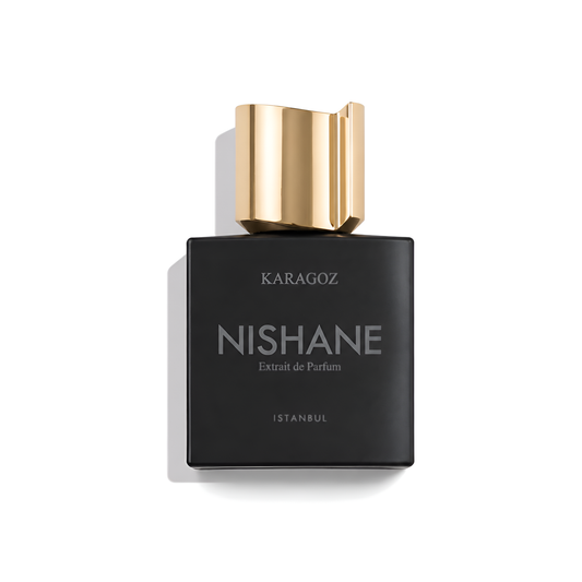 Bottle of Nishane Karagoz (Batch 2018) Extrait fragrance on a white background with soft shadow