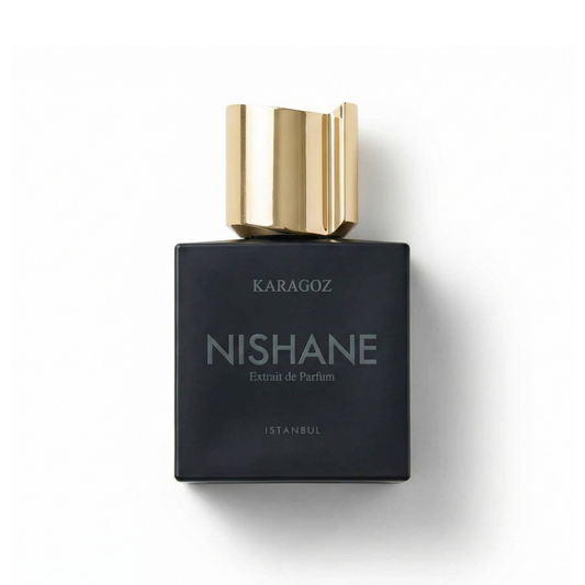 Bottle of Nishane Karagoz (Batch 2018) Parfum fragrance on a white background with soft shadow