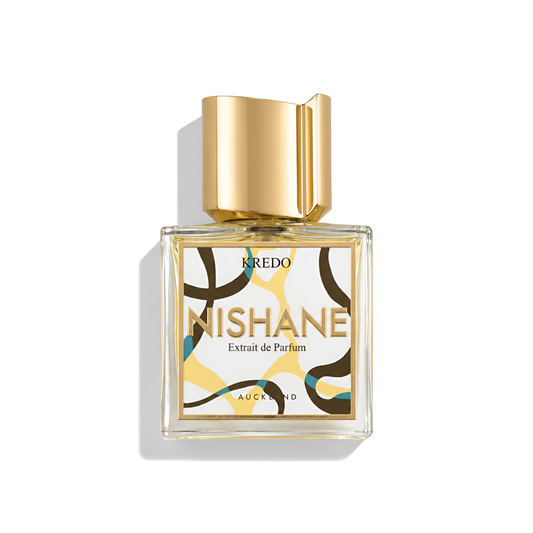 Bottle of Nishane Kredo Extrait fragrance on a white background with soft shadow