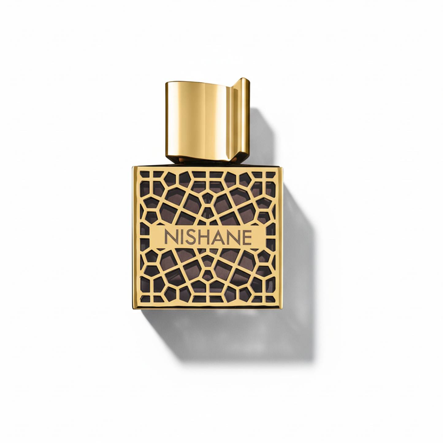Bottle of Nishane Nefs Extrait fragrance on a white background with soft shadow